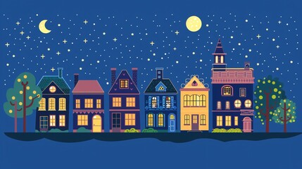 Fototapeta premium Night Houses in Flat Vector Style on White Background