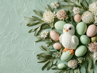 Obraz premium Celebrate spring's arrival with a traditional Easter chick nestled among symbols of renewal, including pastel Easter eggs and delicate flowers This charming image captures the essence of new