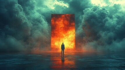 Fototapeta premium A man stands in front of a large, glowing, fiery hole in the ground