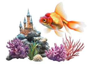 Goldfish swimming around colorful coral and a castle in an aquarium setting.