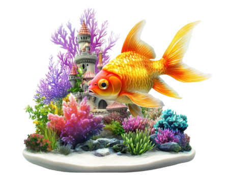 Goldfish swimming around a colorful coral reef with a castle backdrop.