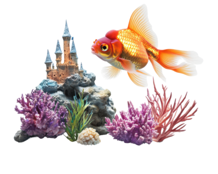 Goldfish swimming around colorful coral and a castle in an aquarium setting.