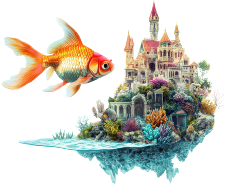 Goldfish swimming beside a colorful, underwater castle scene.