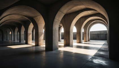 Naklejka premium empty and dark abstract concrete archways with vibrant sunlight