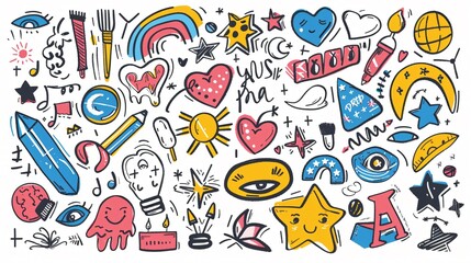 Colorful Doodle Objects and Phrases Design Elements for Creative Projects