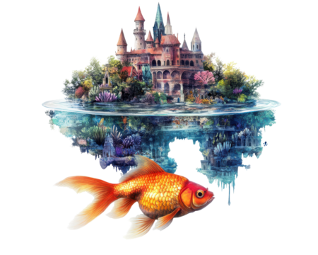 Goldfish swimming in a fantasy world with a magical castle, white isolate background.