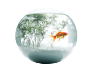 Goldfish swimming in a round aquarium with aquatic plants, white isolate background.