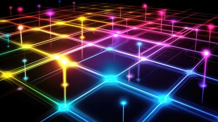 Colorful Neon Grid with Bright Light Points on Dark Background