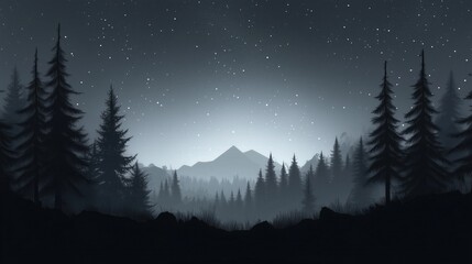 Fototapeta premium Tranquil Night Forest Silhouette Against A Starlit Sky, Framed By Mountains And Misty Horizon. Perfect For Scenic Landscape Photography And Mystical Celestial Exploration Themes.