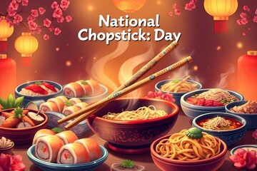 An illustration of a variety of foods including sushi and ramen created for national Chopsticks day.