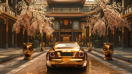 Luxury golden car parked in a traditional Chinese courtyard. Symbol of wealth and prosperity with blooming cherry blossoms during the Chinese New Year.