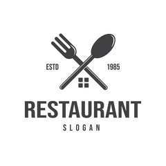 Retro Vintage Logo Design featuring Simple Spoon and Fork Vector Elements with House Window Symbol Illustration