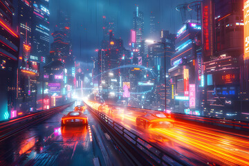 Fototapeta premium Cityscape at Night With Vibrant Lights and Moving Vehicles