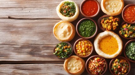 Colorful Chutneys in Circular Arrangement on Wooden Table