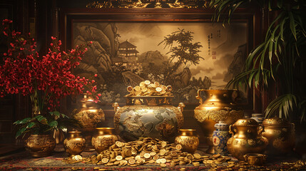 Obraz premium Traditional Chinese golden vases with coins and red floral decor in an elegant setting. Symbol of opulence and fortune.