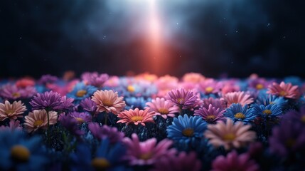 Experience the breathtaking sight of a divine light illuminating a field of blooming flowers, symbolizing resurrection, hope, and spiritual redemption This vibrant scene captures the essence of