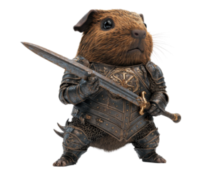 Guinea pig in armor holding a sword, white isolate background