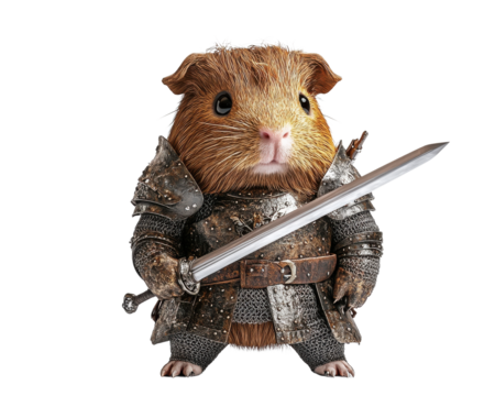 Guinea pig in armor holding a sword, white isolated background