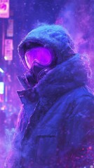 Cyberpunk Snow City: Glowing Gas Mask Figure