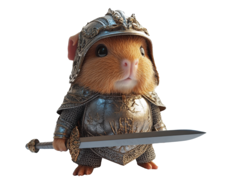 Guinea pig in knight armor holding a sword, white isolated background.