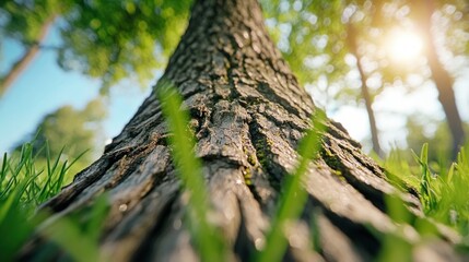 Fototapeta premium Experience the magic of the golden hour, as gentle light streams through trees, casting soft, enchanting patterns over lush, dew-kissed grass This serene forest scene evokes a sense of peace and
