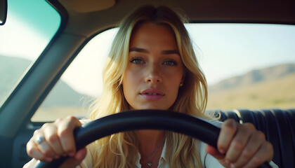 Confident Woman Driving a Car Through Scenic Landscape