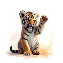 Obraz premium Playful Young Tiger Cub Raising Its Paw with a Cheerful Expression in a Bright Setting