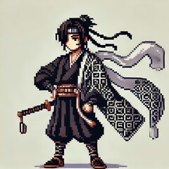 samurai design with black uniform, pixel art