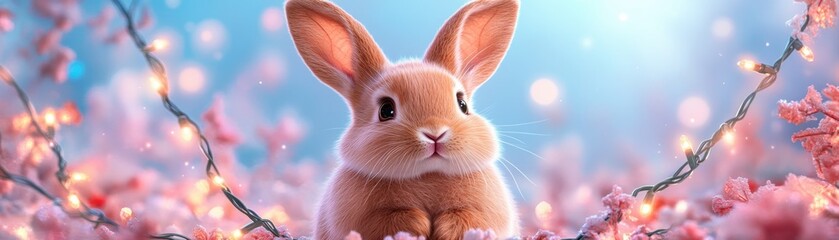 Fototapeta premium Explore a charming vector rabbit with bunny ears, a clean vector illustration showcasing sleek design The image features a delightful rabbit amidst cherry blossoms, captured in a close-up, making it