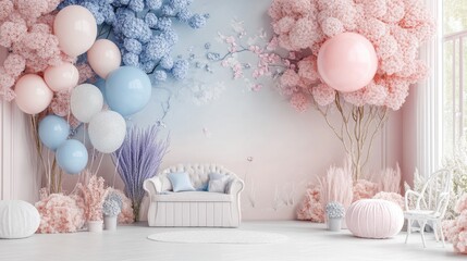 Elegant pastel decor with balloons and floral arrangements for celebrations