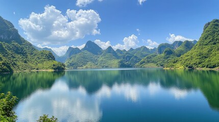 Stunning mountain landscape with serene lake and reflection under bright sky