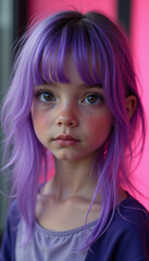 Naklejka premium Joyful little girl with charming lilac hair full of life and energy, reflecting the sweetness and wonder of childhood adventures.