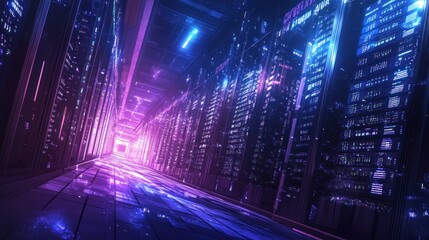 A futuristic data server center with rows of sleek, illuminated server racks stretching into the distance