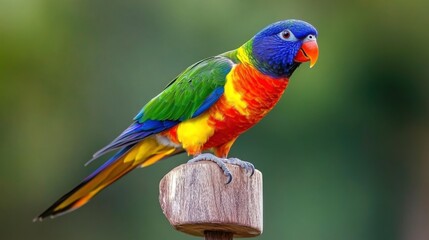 Obraz premium Colorful Bird Perched on Wooden Stand in Indoor Setting