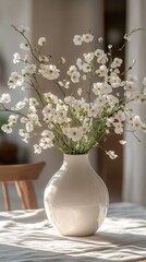 Elegant white flowers in a porcelain vase on a soft background at a serene indoor setting