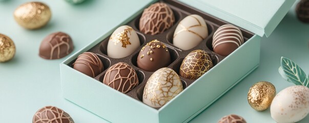 Indulge in the exquisite taste of handcrafted chocolate eggs, presented in a luxurious gift box This perfect treat is a wonderful gift for a festival celebration, and an ideal way to share joy This