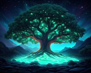 Majestic Ancient Oak Tree with new buds, symbolizing faith and renewal, a potent image reflecting themes of healing and enduring faith in a vast universe This serene scene, with glowing roots and a