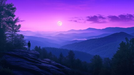 Silhouette of a person on a cliff under a full moon, surrounded by purple dusk hues and majestic mountains. Perfect for themes of solitude, adventure, and natural beauty.