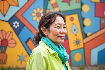 Elderly Asian woman smiling near vibrant geometric mural, joyfulness. Bright and modern style portrait