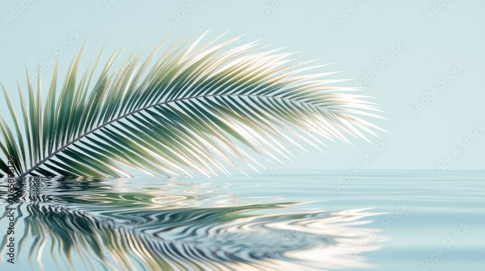 Wall mural a serene palm leaf gently floats above the calm water, creating a tranquil reflection on the surface
