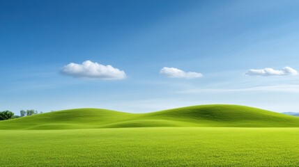 Obraz premium Serene landscape with rolling green hills under a clear blue sky.