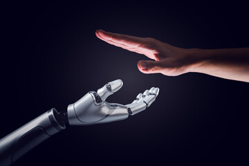 Robot gives hand to man. Business design concept with AI. Communication between Human and Cyborg to...