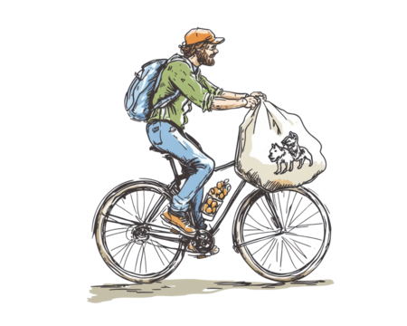 Illustration of a man cycling with a bag, white isolated background.