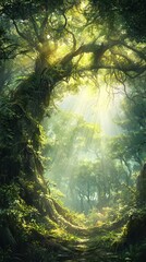 Fototapeta premium Enchanted Sunlit Forest with Majestic Trees and Lush Greenery, Ideal for Fantasy Themes, Nature Photography, Adventure Concepts, Meditation Spaces, or Environmental Designs
