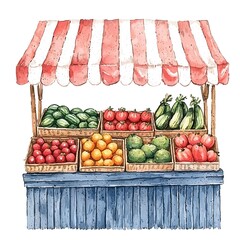 Watercolor illustration of a charming farmers market stall displaying fresh produce in wicker baskets under a striped awning.