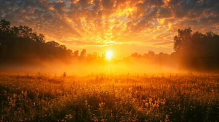 Fototapeta premium Sunrise Over a Misty Meadow With Vibrant Clouds