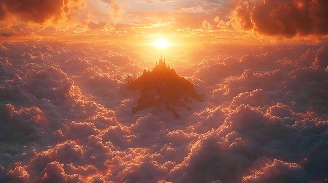 Majestic castle perched atop a cloud-covered mountain peak at sunset.