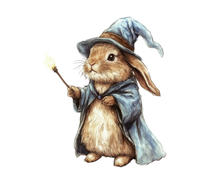Magical rabbit in a wizard hat casting a spell, white isolate background.