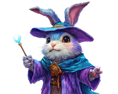 Magical rabbit wizard holding a wand, colorful and whimsical character. - Powered by Adobe