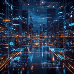 Naklejka premium a holographic city, with tall buildings and skyscrapers